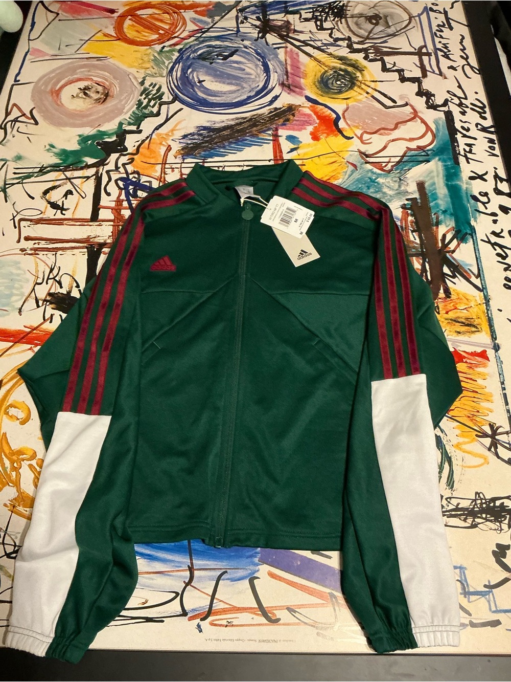 adidas Men’s Dark Green Track Jacket with Burgundy Stripes and White Panels